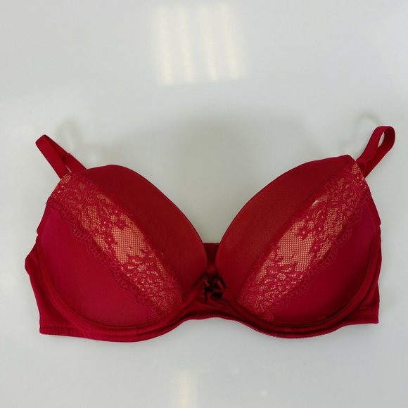 NEW ADORE ME Red Nude Push Up Bra 34DD Intimate Inner Padded Lace Bow Adjustable - Picture 1 of 10